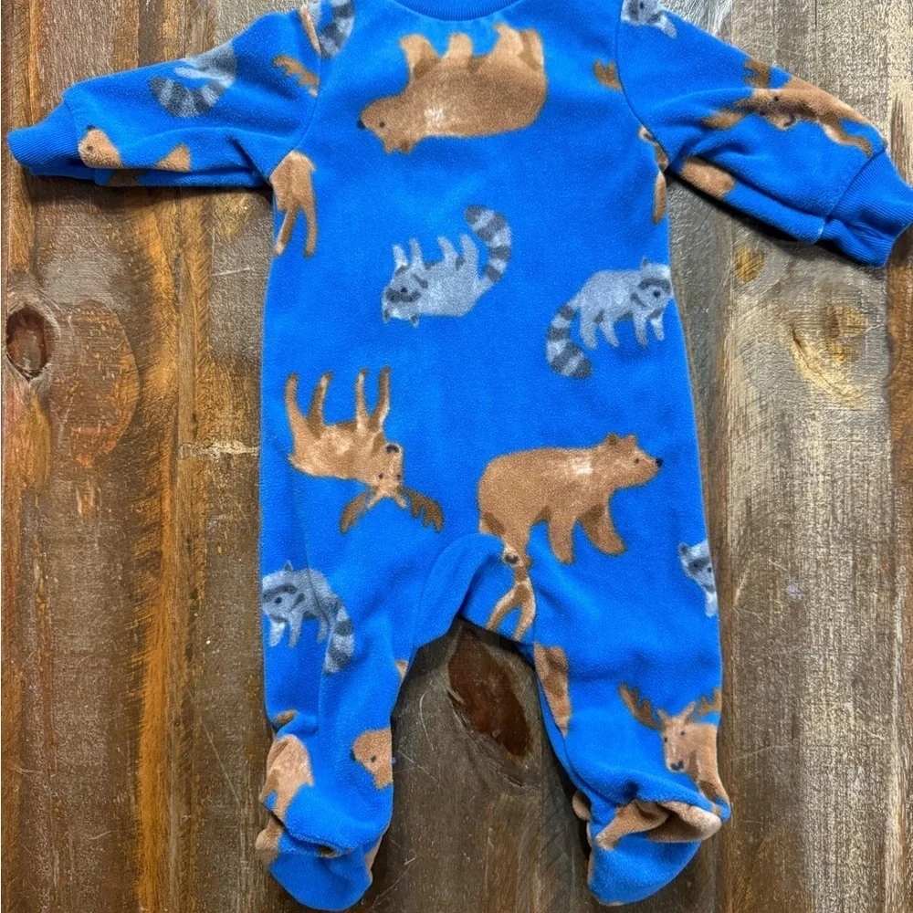 Ⓜ️Carter’s Child of Mine Newborn Fleece Footed Sleeper Blue Woodland Animals EUC